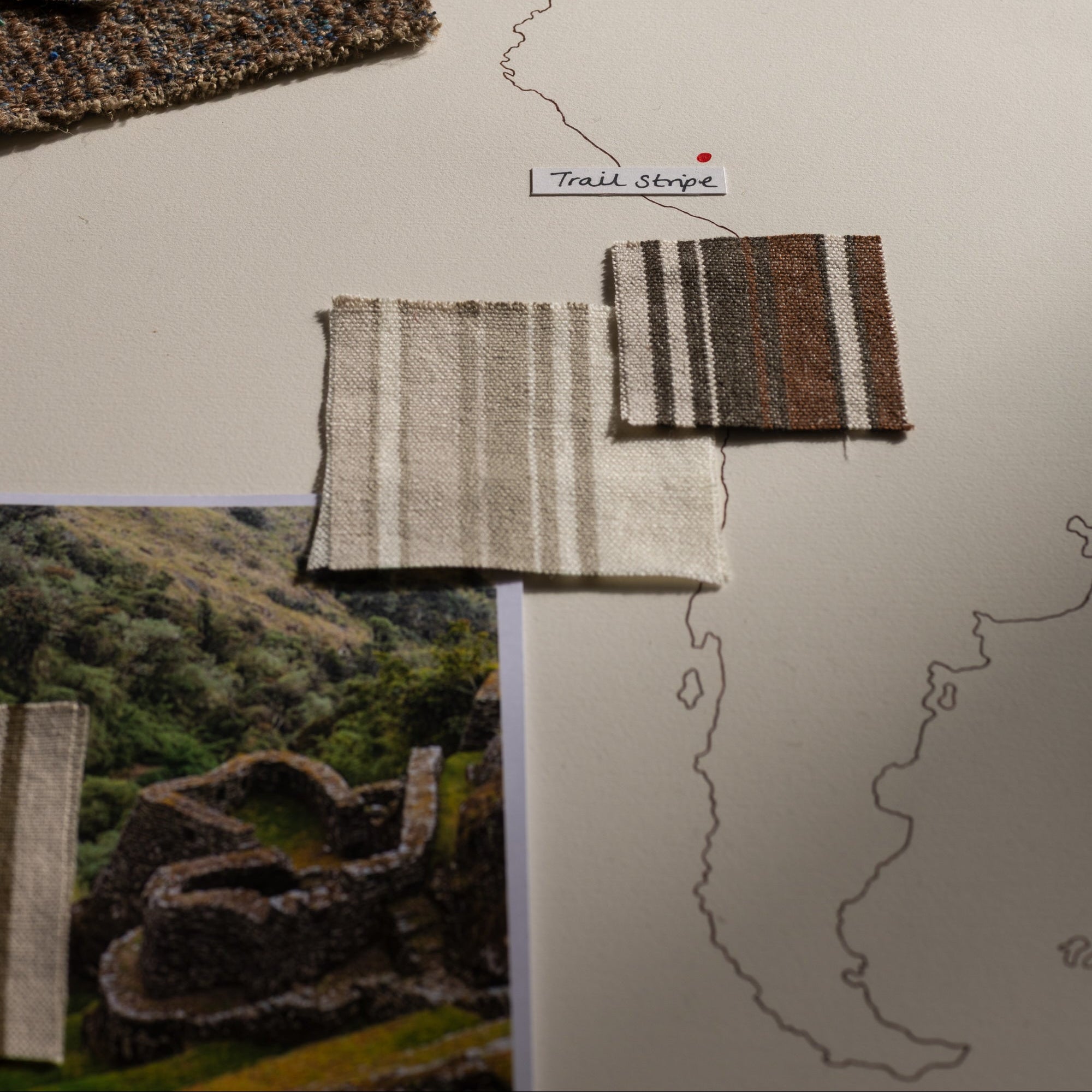 Textile samples on a map of South America with 'Tchibo' branding.