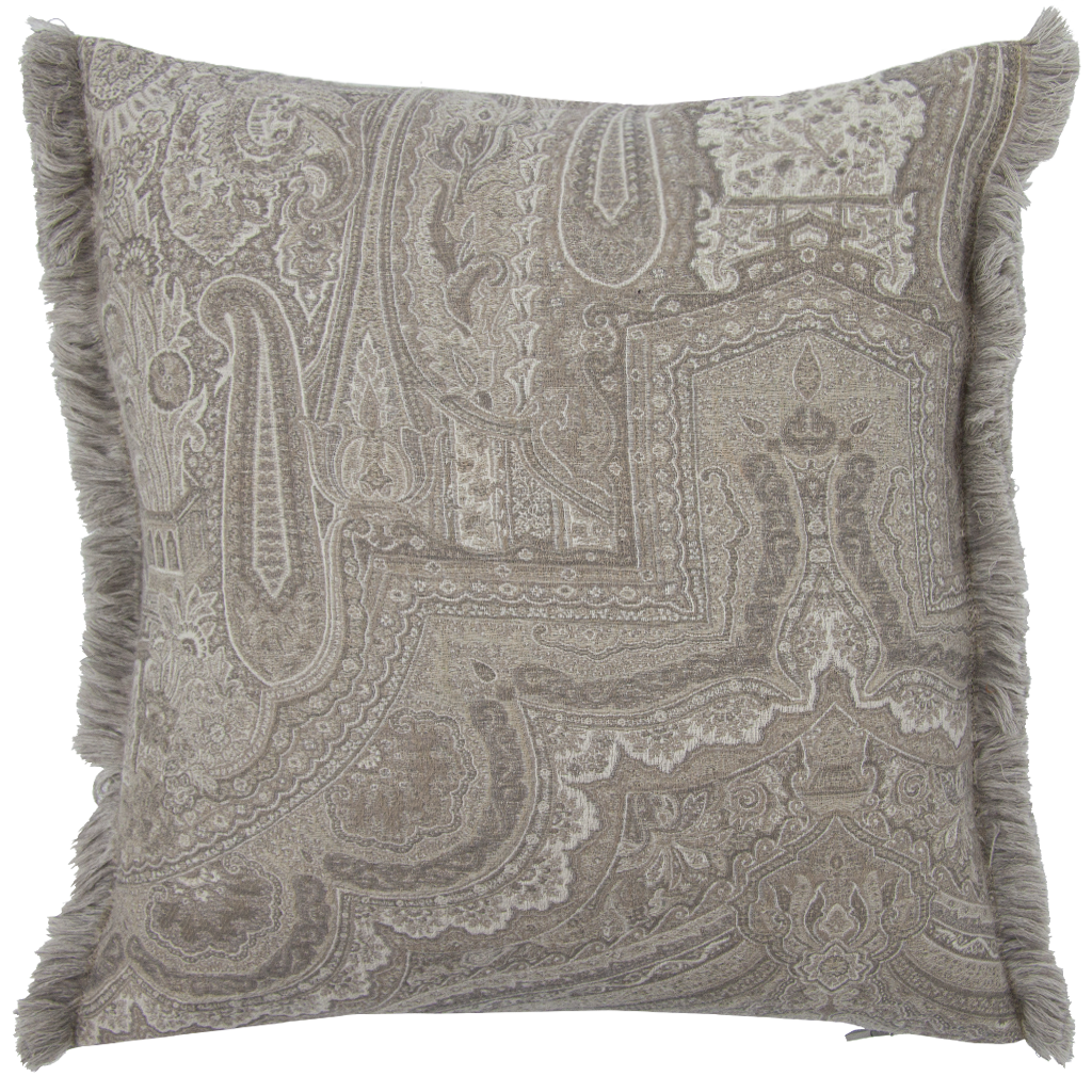 Decorative pillow with paisley pattern and fringes on a white background